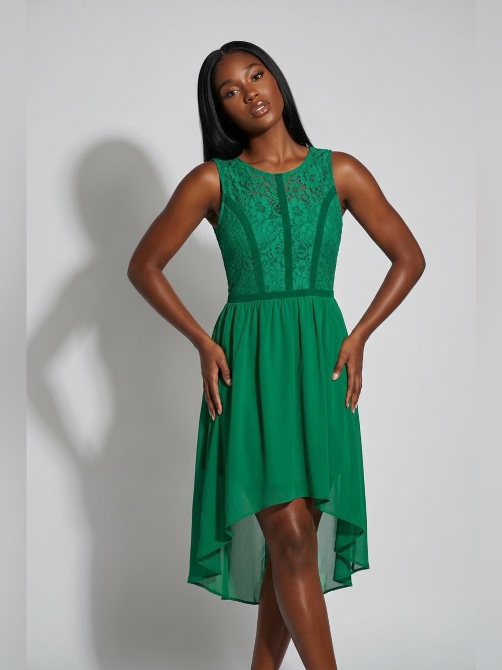 Pinky NWT high/low lined Dress with lace top and chiffon bottom.